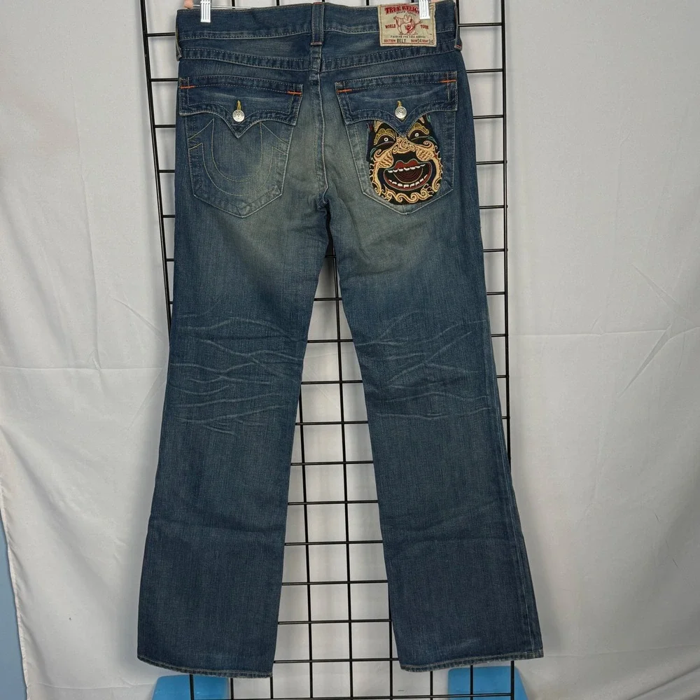 True Religion Billy Jeans Mens 34 (38x36) Blue Hannya Mask Embroidered Bootcut